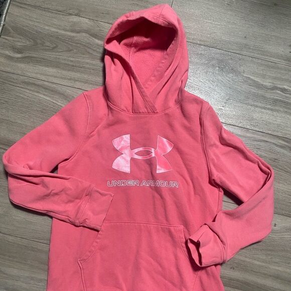 UNDER ARMOUR Big Logo Pink RIVAL HOODIE Sweatshirt Girls Size XL - Picture 1 of 4